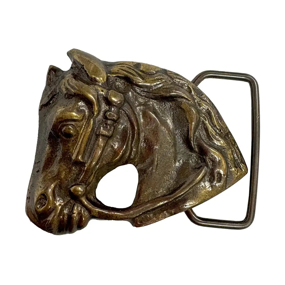 2-1/2" Horse Head Belt Buckle, Antiqued Solid Brass