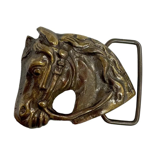2-1/2" Horse Head Belt Buckle, Antiqued Solid Brass
